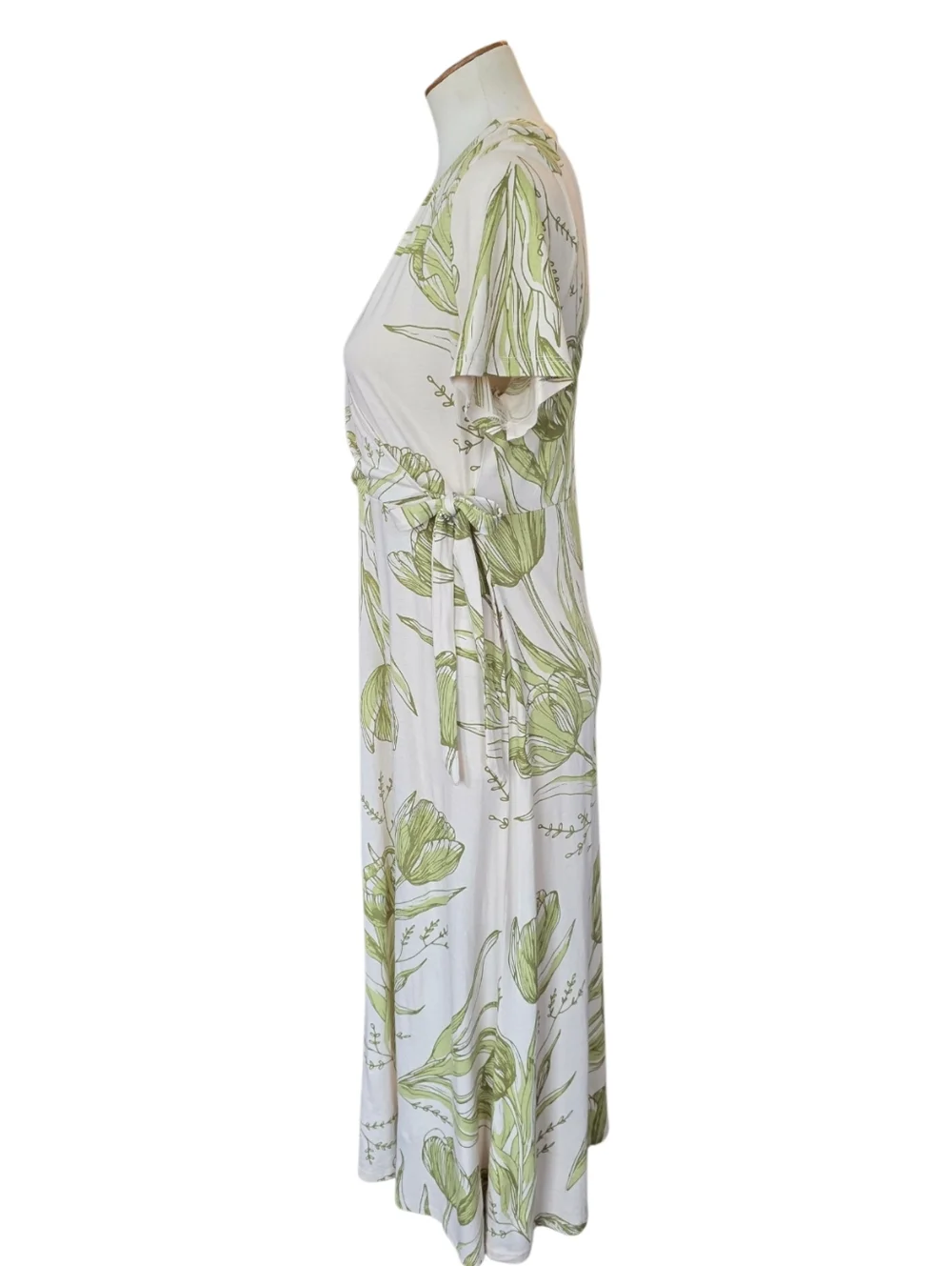 Organic Cotton Faux Wrap Dress Womens Size L Green Floral Midi Short Sleeve - Picture 4 of 9